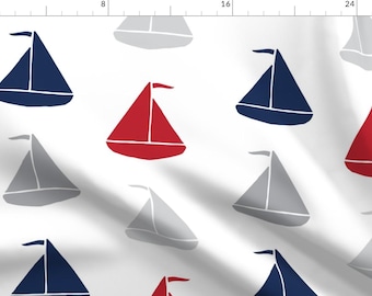 Petite Sailboat Fabric - Grey Red Navy By Graceandcruzdesigns - Summer Nautical Nursery Decor Cotton Fabric By The Yard With Spoonflower