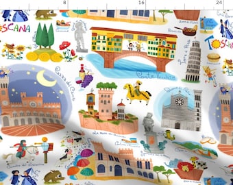 Illustrated Maps Fabric - La Mia Toscana By Gnoppoletta - Italy Maps Tuscany Pisa Buildings Trees Cotton Fabric By The Yard With Spoonflower
