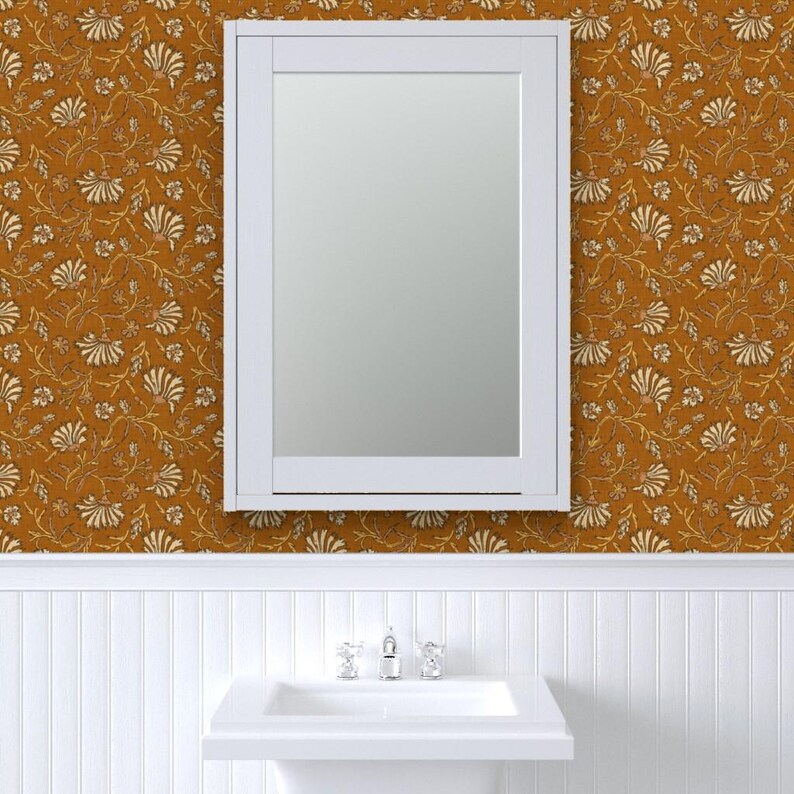 Floral Wallpaper - Kalami Floral Mustard By Holli Zollinger - Linen Look Custom Printed Removable Adhesive Wallpaper Roll by Spoonflower image 8
