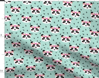 Panda Fabric - Boho Panda Flowers Mint By Charlotte Winter - Panda Cotton Fabric By The Yard With Spoonflower