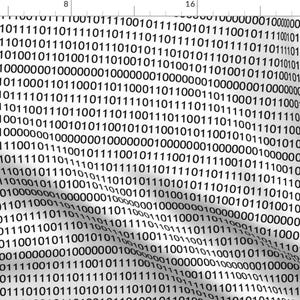 May include: A white fabric with a repeating pattern of black 1s and 0s. The fabric is slightly creased and appears to be folded in the middle.