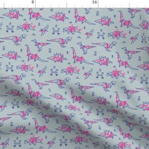 Geometric Fabric - Origami Dinosaurs With Pink Spots By Penguinhouse - Origami Dinosaurs Gray Cotton Fabric By The Yard With Spoonflower