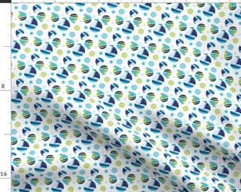 Sailboat Fabric - Navy And Green Nautical 12 By Prettygrafik - Sailboat Ships Nautical Nursery Cotton Fabric By The Yard With Spoonflower