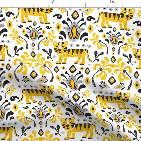 Tiger Fabric - Golden Tigris By Heatherdutton - Yellow Gray White Kids Nursery Jungle Tropical Cotton Fabric By The Yard With Spoonflower