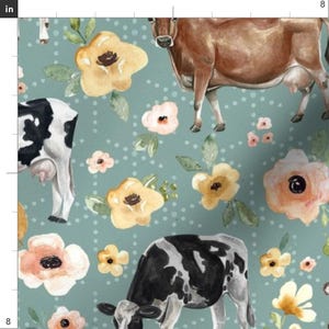 Farmhouse Fabric - Farmhouse Blue Cows And Flowers Large By Cateandrainn - Shabby Chic Watercolor Cotton Fabric By The Yard With Spoonflower image 3