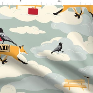 May include: A repeating pattern featuring foxes, crows, and clouds on a light blue background. The foxes are orange and have a taxi sign on their back. The crows are black and are holding books. The clouds are white and fluffy.
