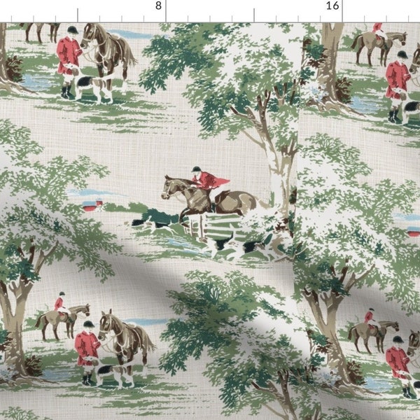 Equestrian Toile Fabric - Hunt Scene by ponymacaroni - Fox Hunting English Traditional Fox Hunt Pony Horse Fabric by the Yard by Spoonflower