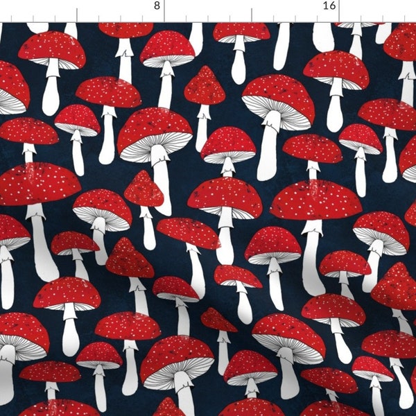 Red Mushrooms Fabric - Red Mushrooms On Navy Blue By Lavish Season - Red Mushrooms Forest Nature Cotton Fabric By The Yard With Spoonflower