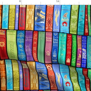 May include: A colourful stained glass pattern featuring a variety of book spines with titles and authors. The spines are arranged in a vertical pattern, creating a mosaic effect. The colours are vibrant and include red, blue, green, yellow, and purple.