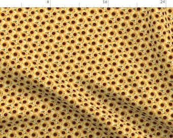 May include: A seamless pattern featuring a repeating design of yellow sunflowers with brown centers and green leaves on a white background.