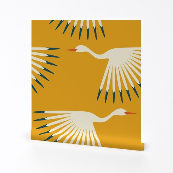 Art Deco Wallpaper - Art Deco Cranes By Katerhees - Yellow Mustard Bird Heron 1920s Removable Self Adhesive Wallpaper Roll by Spoonflower