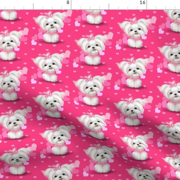 Maltese Fabric - Maltese Pink Hearts By Catialee - Maltese Dog Lover Hot Pink  Cotton Fabric By The Yard With Spoonflower