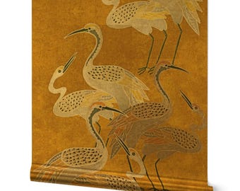 Maximalism Gold or Silver Metallic Wallpaper - Art Deco Birds Boho Crane Luxe Wallpaper Roll - Golden Hour Cranes by shellyreneedesigns -