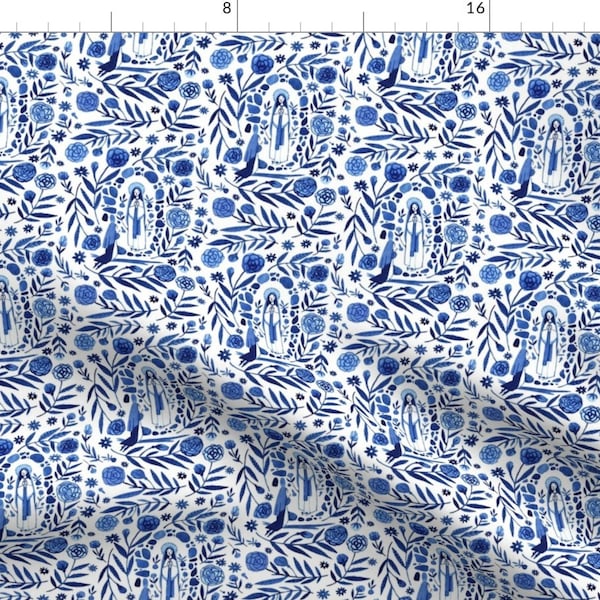 Blue Fabric - St. Bernadette Blue by abigailhalpin -  Toile Bernadette Catholic Saint Floral Botancial  Fabric by the Yard by Spoonflower