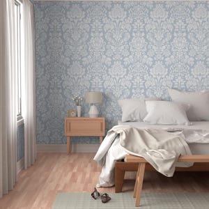 Damask Wallpaper - Balmoral Damask Large White Versailles Fog By Peacoquettedesigns - Custom Printed Adhesive Wallpaper Roll by Spoonflower image 5