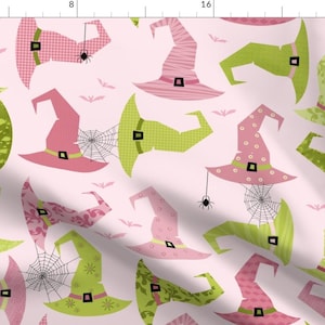 Pastel Halloween Fabric - Sugar Spice Halloween By Suepitkin - Pastel Pink Green Witches Hats Cotton Fabric By The Yard With Spoonflower
