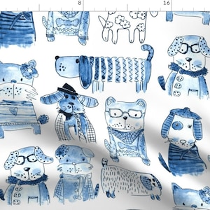 Blue Watercolor Animal Dog Fabric - Dog Monochrome Jazz Blues By Mimipinto - Dog Pattern Blue Cotton Fabric By The Yard With Spoonflower
