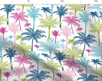 Beach Palm Tree Fabric - Colorful Palm Trees By Oksancia - Blue Pink and Green Beach Cotton Fabric By The Yard With Spoonflower