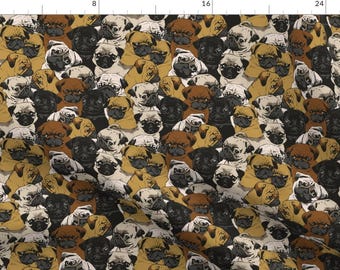 Pug Faces Portrait Illustration Fabric - Social Pugs By Huebucket - Pug Faces Puppy Love Cotton Fabric By The Yard With Spoonflower