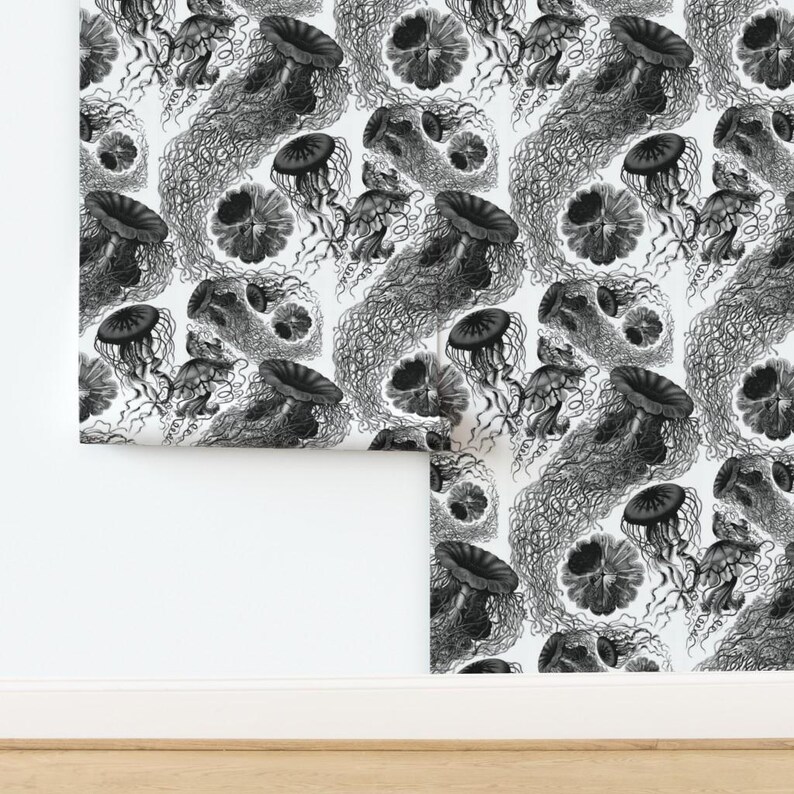 Sea Wallpaper - Jellyfish ~ Black White Swarm By Peacoquettedesigns - Custom Printed Removable Self Adhesive Wallpaper Roll by Spoonflower image 4