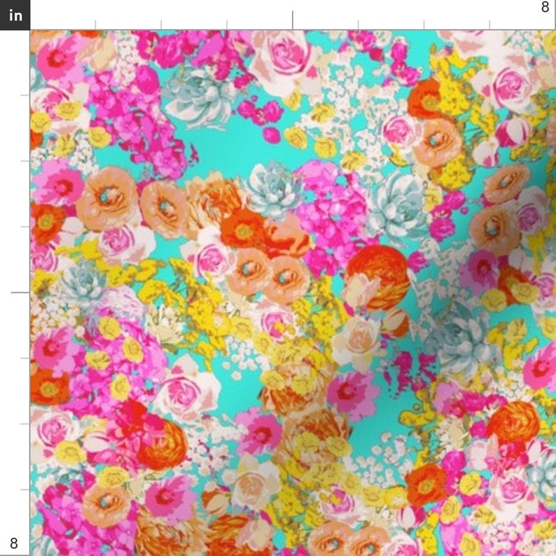 Turquoise Floral Fabric Summer Bright Floral on Turquoise by - Etsy