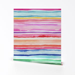 « Papier peint amovible à rayures aquarelles - Été coloré vibrant - Art mural - Décoration murale - Rayures colorées » par ninola-design