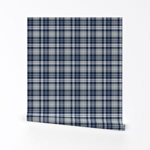 Blue Plaid Removable Peel and Stick Wallpaper - Rustic Gray Navy Plaid Check - Wall Art Wall Decor - Fall Plaid by littlearrowdesign