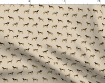 May include: A beige fabric with a repeating pattern of brown border collie dogs. The dogs are facing forward with their tails curled.