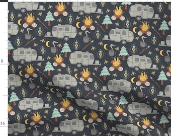 RV Fabric - Retro RV Camping By Musingtreedesigns - Camping RV Woodland Vacation Trees Campfire Cotton Fabric By The Yard With Spoonflower