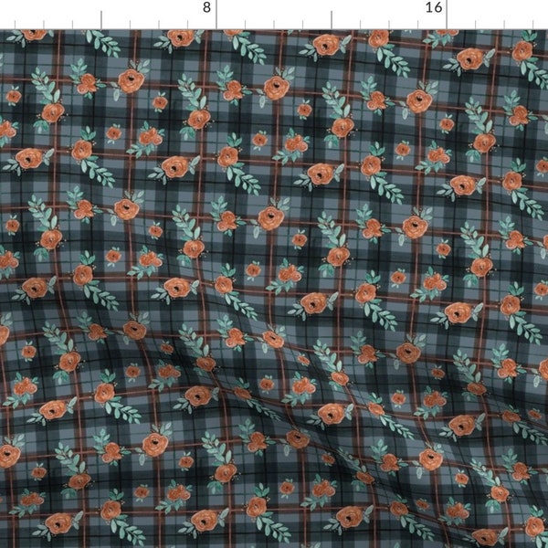 Floral Fabric - Gold Rose Indigo Tartan - Micro By Crystal Walen - Navy Plaid Orange Floral Cotton Fabric By The Yard With Spoonflower