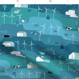 May include: A seamless pattern featuring a blue and green landscape with wind turbines, houses, and cows. The design is perfect for fabric, wallpaper, or wrapping paper.