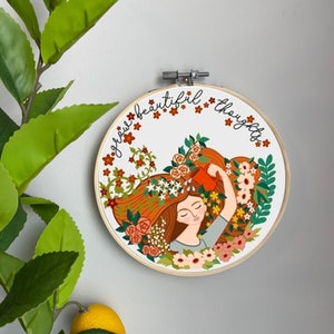 Fall Embroidery Template on Cotton - Grow Beautiful Thoughts By Evy_Design - Embroidery Pattern for 6" Hoop Custom Printed by Spoonflower