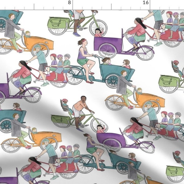 Family Bicycles Fabric - Dutchcargo Bakfiets Bikes In Color By Landpenguin - Colorful Bicycles Cotton Fabric By The Yard With Spoonflower