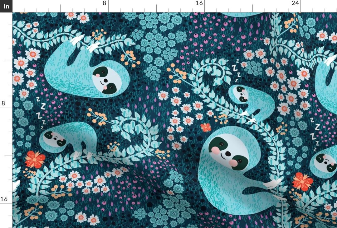 Blue Sloth Illustration Fabric - Sloth Cloth - Fat Quarter Scale by ...