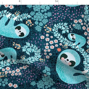 Blue Sloth Illustration Fabric - Sloth Cloth - Fat Quarter Scale By Bound Textiles - Sloth Cotton Fabric By The Yard With Spoonflower