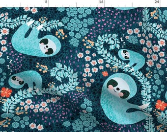 Blue Sloth Illustration Fabric - Sloth Cloth - Fat Quarter Scale By Bound Textiles - Sloth Cotton Fabric By The Yard With Spoonflower