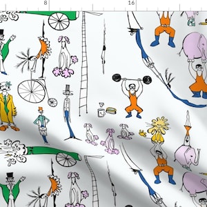 May include: A white background with a repeating pattern of circus performers. The performers include a strongman lifting weights, a tightrope walker, a clown riding a unicycle, a dog balancing on a ball, and a person juggling. The pattern is in black and white with accents of red, blue, green, yellow, and orange.