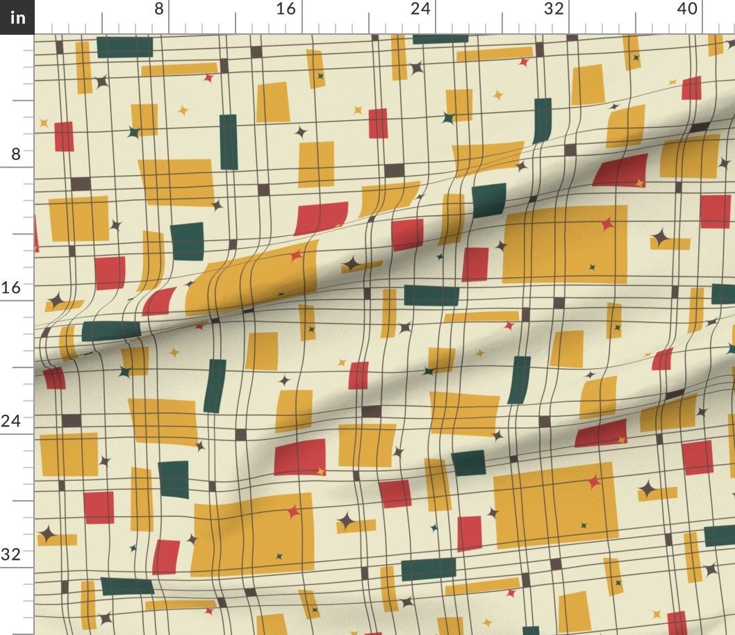 Yellow Abstract Fabric MidCentury Modern Grid Stars By Etsy