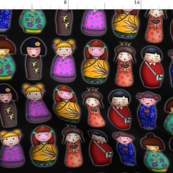 Kokeshi Dolls Rainbow Fabric - Kokeshies By Leeleeandthebee - Kokeshi Childrens Illustration Cotton Fabric By The Yard With Spoonflower