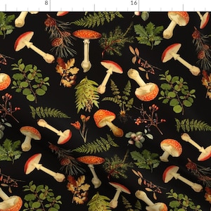 Vintage Mushrooms Fabric - Harvest In The Forest By Utart - Black Orange Green Nature Autumn Fall Cotton Fabric By The Yard With Spoonflower