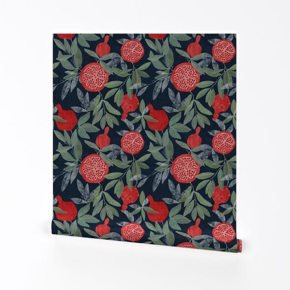 Pomegranate Removable Peel and Stick Wallpaper - Summer Botanical Pomegranates - Wall Art Wall Decor - Pomegranates On Navy by lavish_season