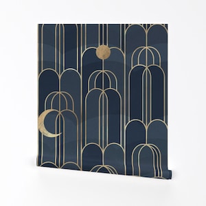 Celestial Art Deco Removable Peel and Stick Wallpaper - Moon Night Sky Arches Blue - Wall Art Wall Decor - Art Deco Moon  by michele_norris