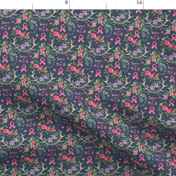 Floral Fabric - Breast Cancer Awareness Antlers And Watercolor Flowers On Dark Grey Blue - Extra Small By Micklyn - Fabric With Spoonflower