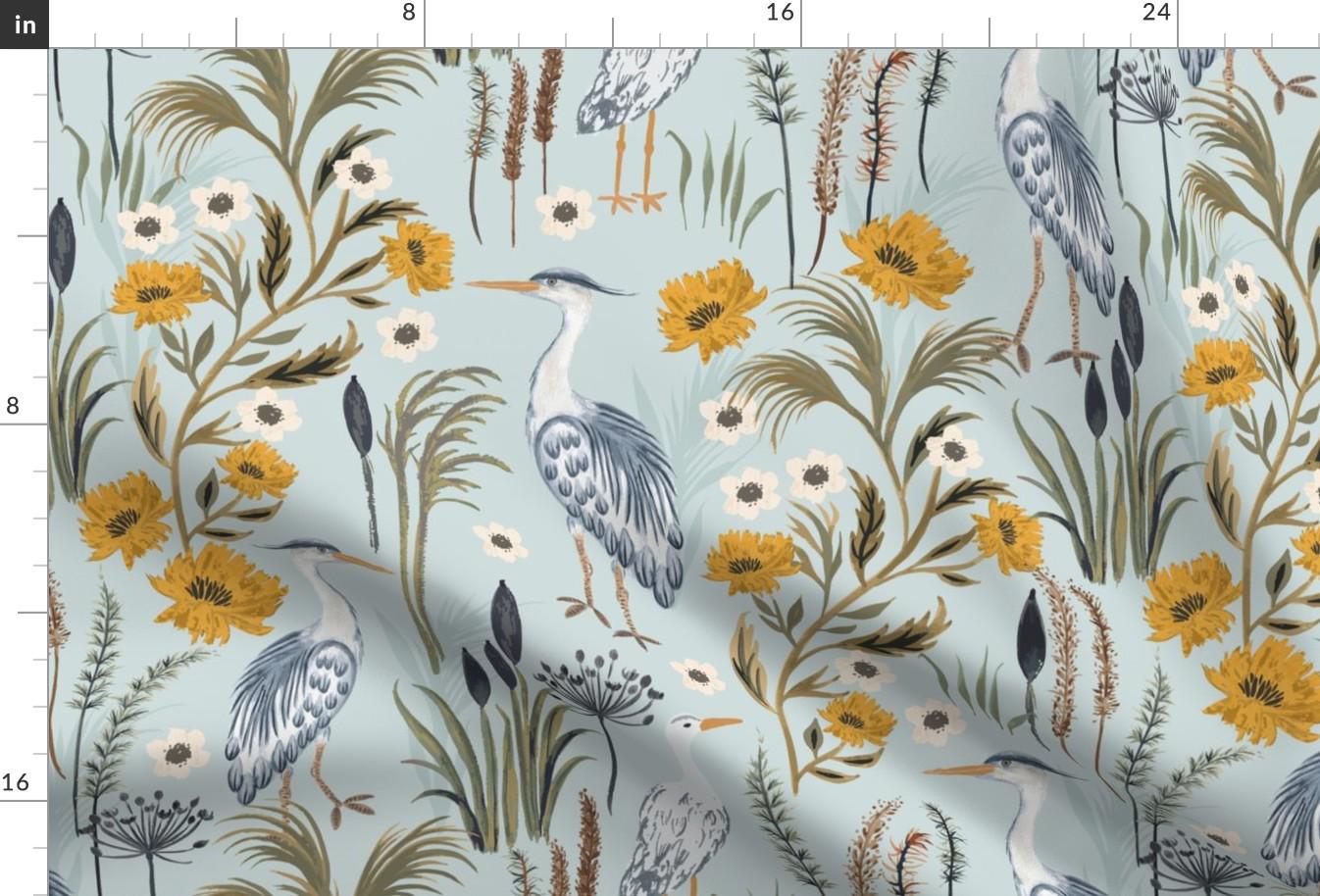 Chinoiserie Fabric - Heron by jill_o_connor - Heron Chintz French Country Blue And Gold Egret Gold Flowers Fabric by the Yard by Spoonflower