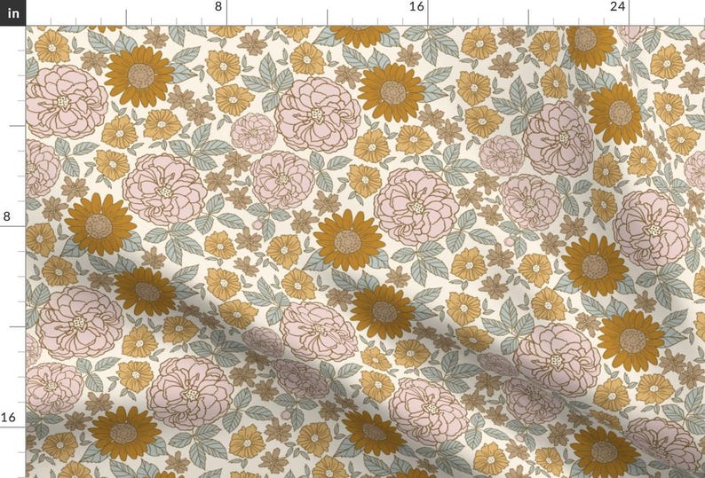 Mustard Gold Blush Fabric - Golden Floral by indybloomdesign - Western Floral Feminine Meadow Wildflowers Fabric by the Yard by Spoonflower image 1