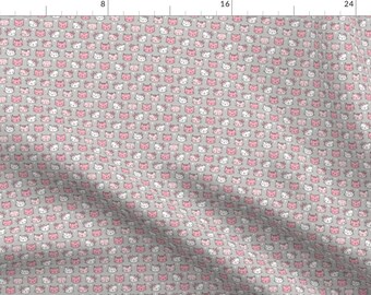 Tiny Fabric - Pink Cat Faces With Bows And Hearts On Grey Small Mini Baby Girl By Caja Design - Cotton Fabric By The Yard With Spoonflower