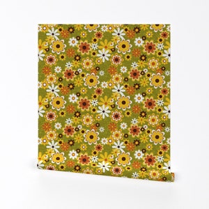70s Wallpaper - Retro Geo Flowers By Thecalvarium - 70s Olive Yellow Custom Printed Removable Self Adhesive Wallpaper Roll by Spoonflower