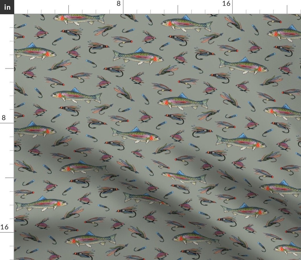 Fly Fishing Fabric Fly Fishing by Clairekalinadesigns Sage Green