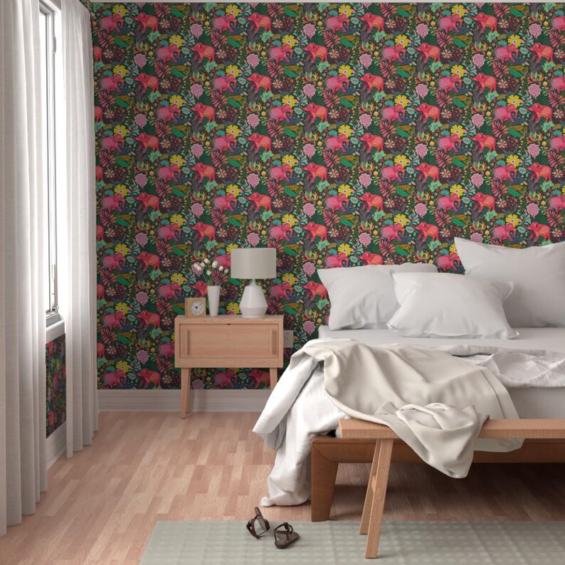 Jungle Wallpaper - Floral Jungle Elephant By Miraparadies - Bohemian Green Pink Summer Removable Self Adhesive Wallpaper Roll by Spoonflower image 5