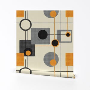 1950s Wallpaper - Orbs And Squares By Chicca Besso - Gray Orange Cream Atomic Retro Removable Self Adhesive Wallpaper Roll by Spoonflower
